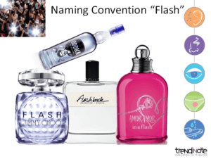 A "Naming Convention Flash" slide with Jimmy Choo Flash, Olfactive Studio Flashback and Amor Amor In A Flash perfume bottles and the Oddka Electricity Vodka