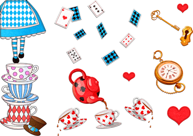 Illustrations of Alice in Wonderland themes including tea cups, tea pot, cards, lock and key and pocket watch for a lifestyle trends article about adult fairytales and fantastical products