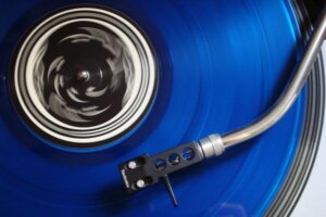 Bright Blue Record Player for trend article about Food, fashion, music, and video games