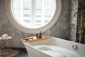 Spa bath tub for trend article about clean beauty, hair, skin, and deodorant innovation